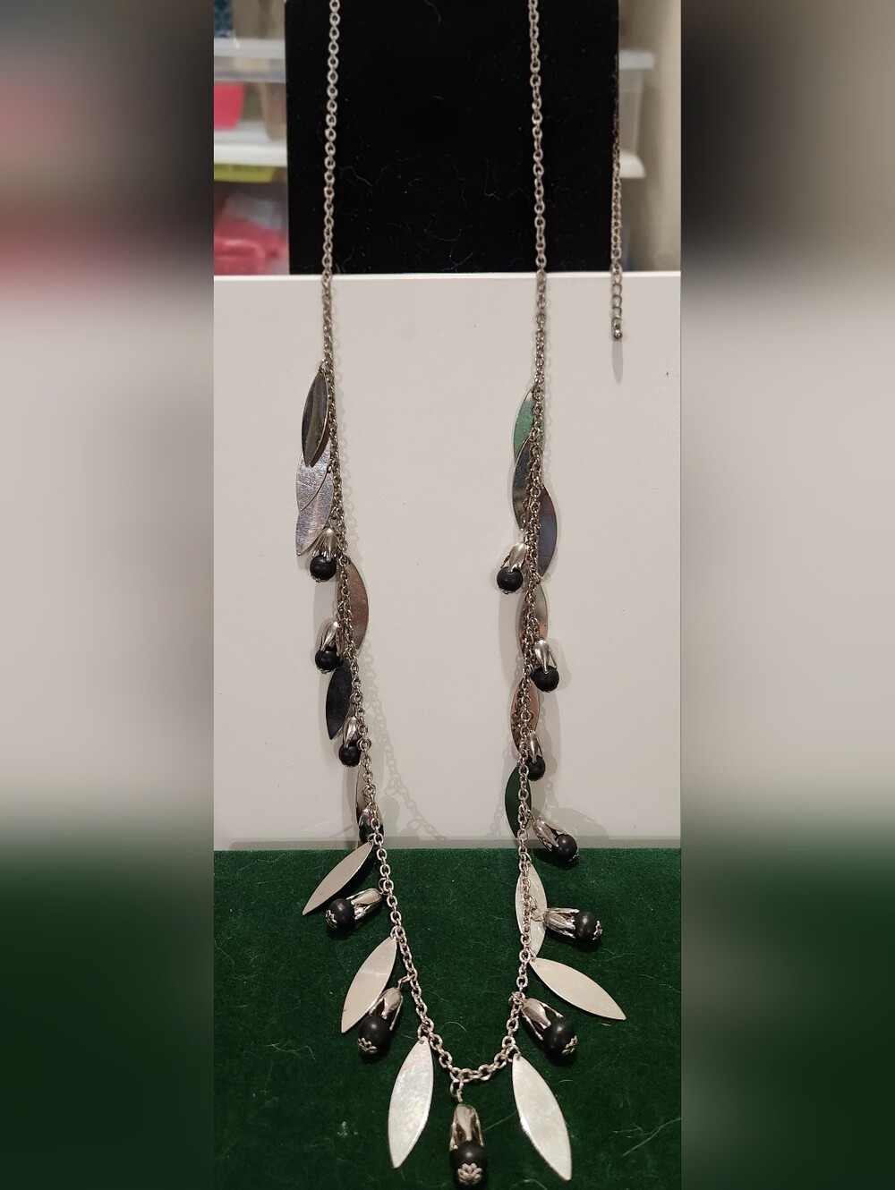 Silver Leaf & Black Bead Dangle Necklace - Women Jewelry